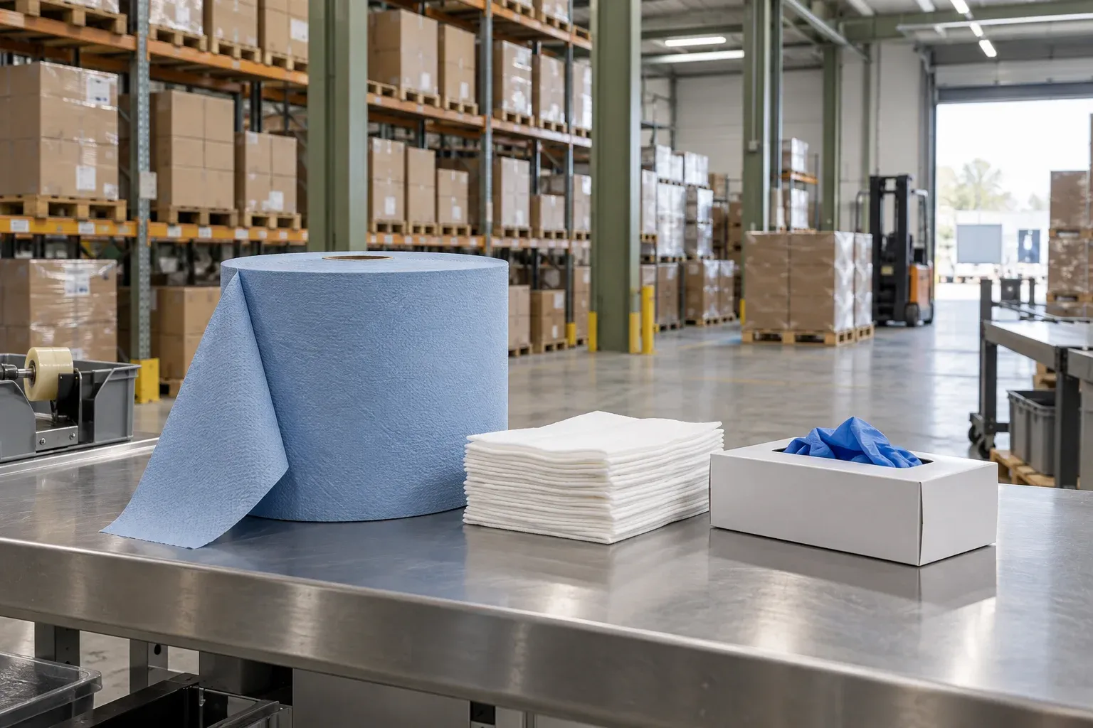 Forbrugsvarer på et arbejdsbord med pallereoler i baggrunden, illustrativt billede